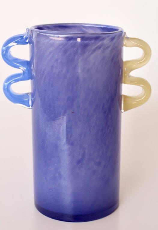 Purple Glass Vase With Blue And Yellow Handles